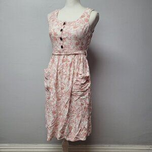 Monteau Dress Pink Floral A Line Belted Elastic Waist‎ Button Front Womens XS